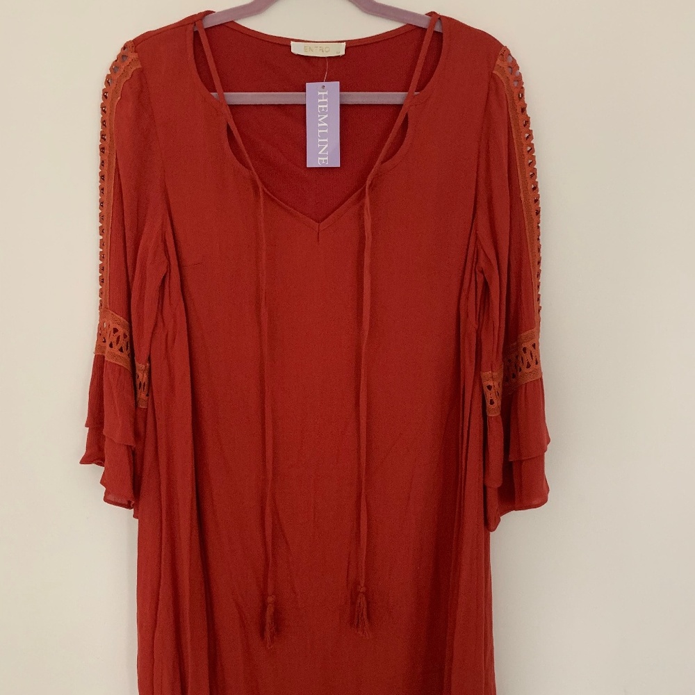 Burgundy/Orange Hemline Flowy Dress - Size M (NWT)